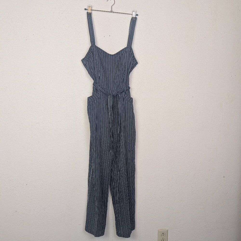 PAIGE Emma Crop Tie Strapped Jumpsuit in Rich Navy Stripes - Size Small